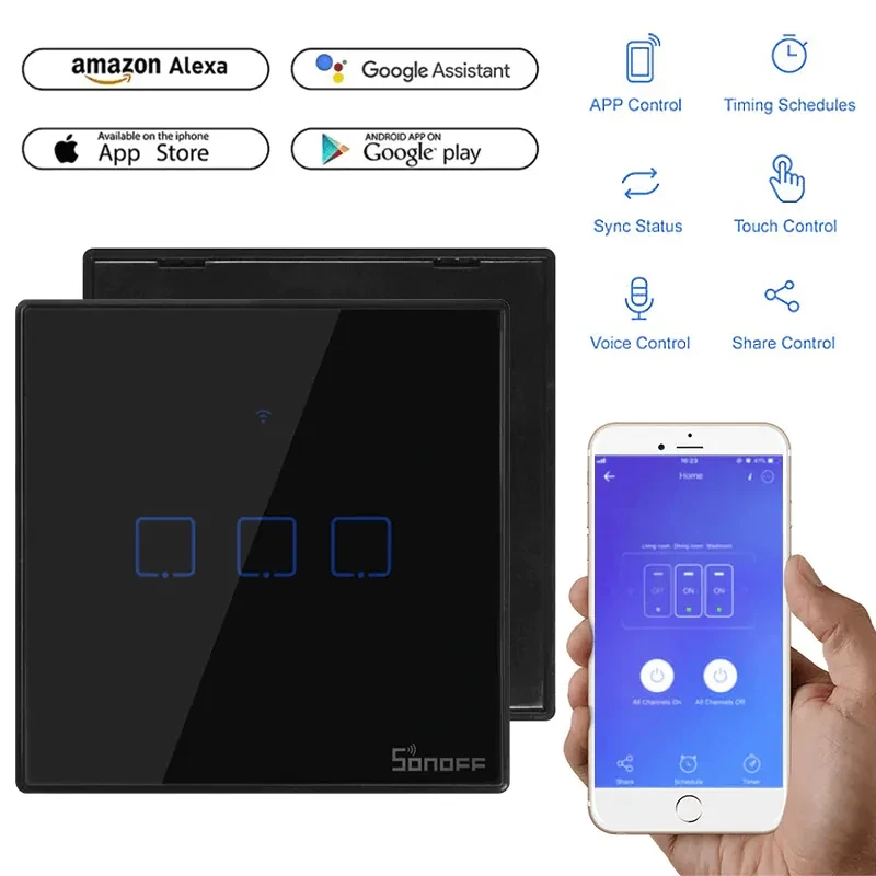 Sonoff WiFi Smart Wall Touch Switch T3 UK 3 Gang Compatible With Alexa, Google Assistant